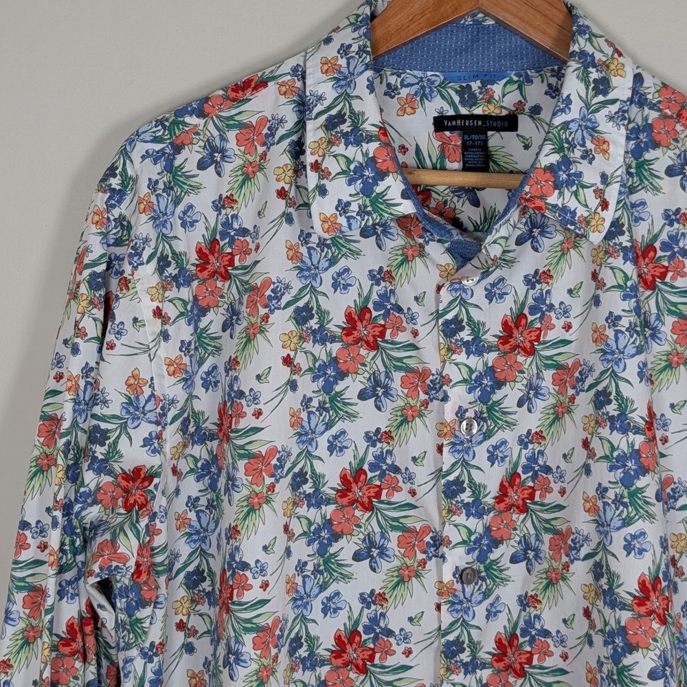 Van Heusen Studio Mens XL Slim Fit Floral Button Down Shirt Tropical 100% Cotton